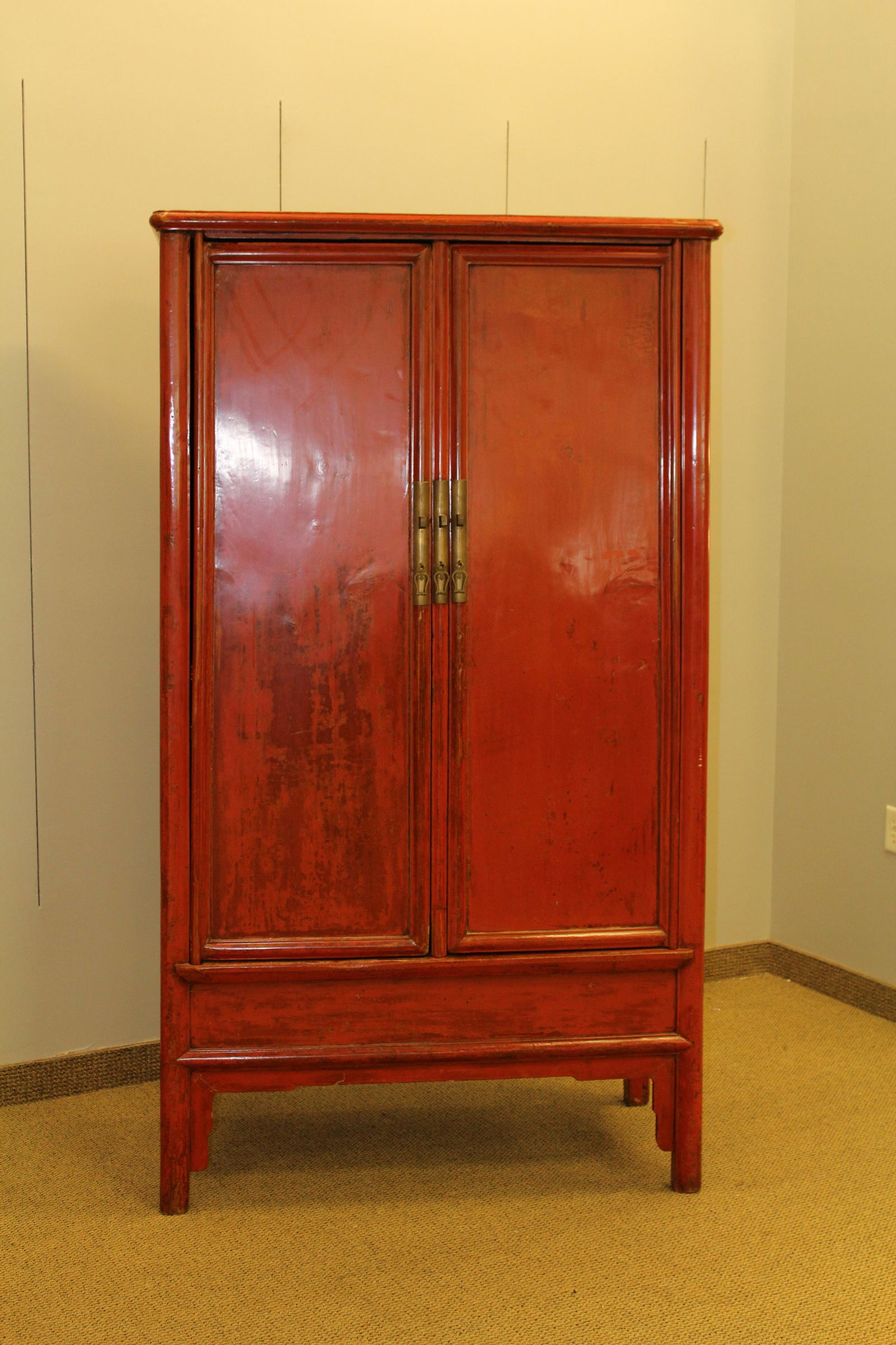 Chinese red lacquered two door armoire (1 of 11)