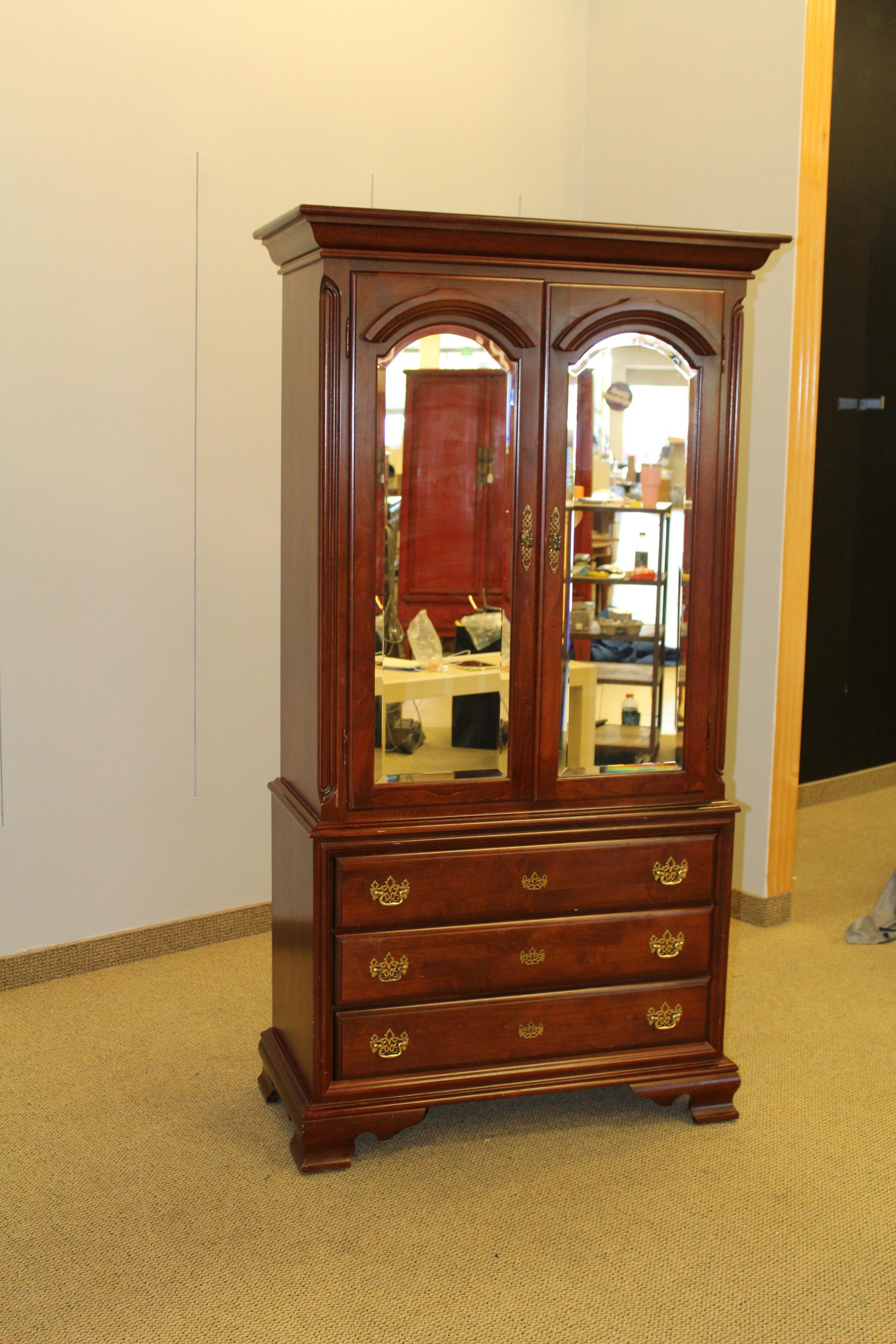 contemporary Chippendale style mirrored door armoire: CONDITION NOTES: MEASUREMENTS: 78 " x 41 1/2" x 19 3/4"