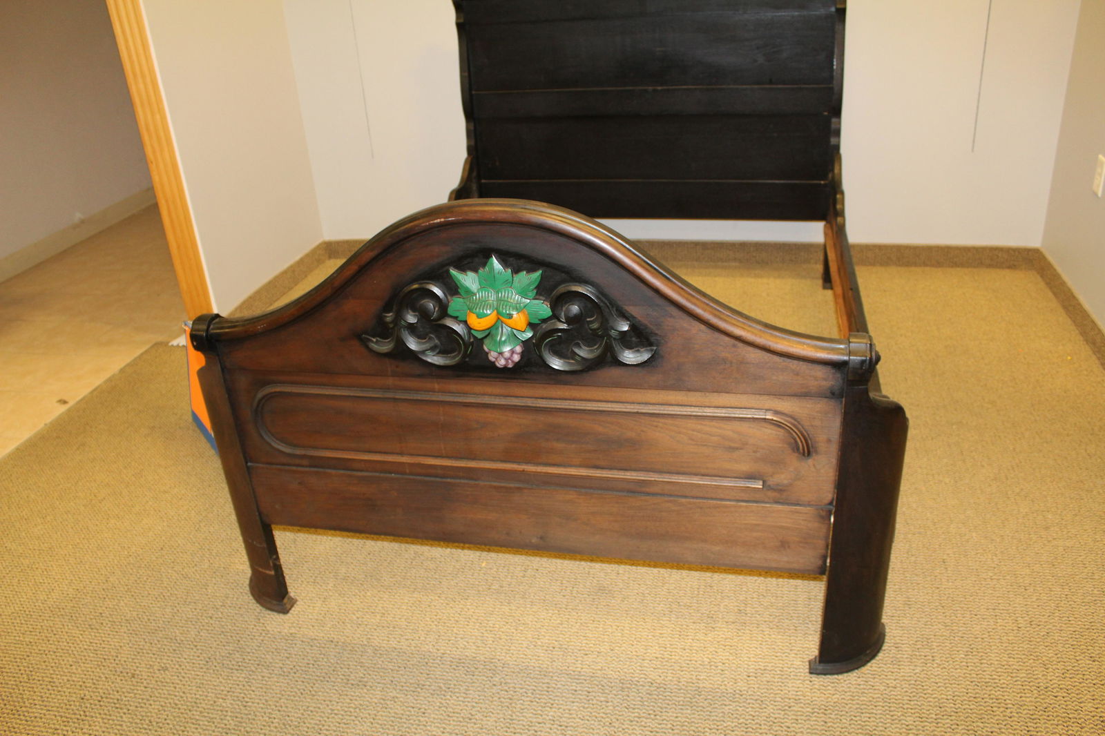 Victorian  ebonized and polychrome walnut full size bed (1 of 8)