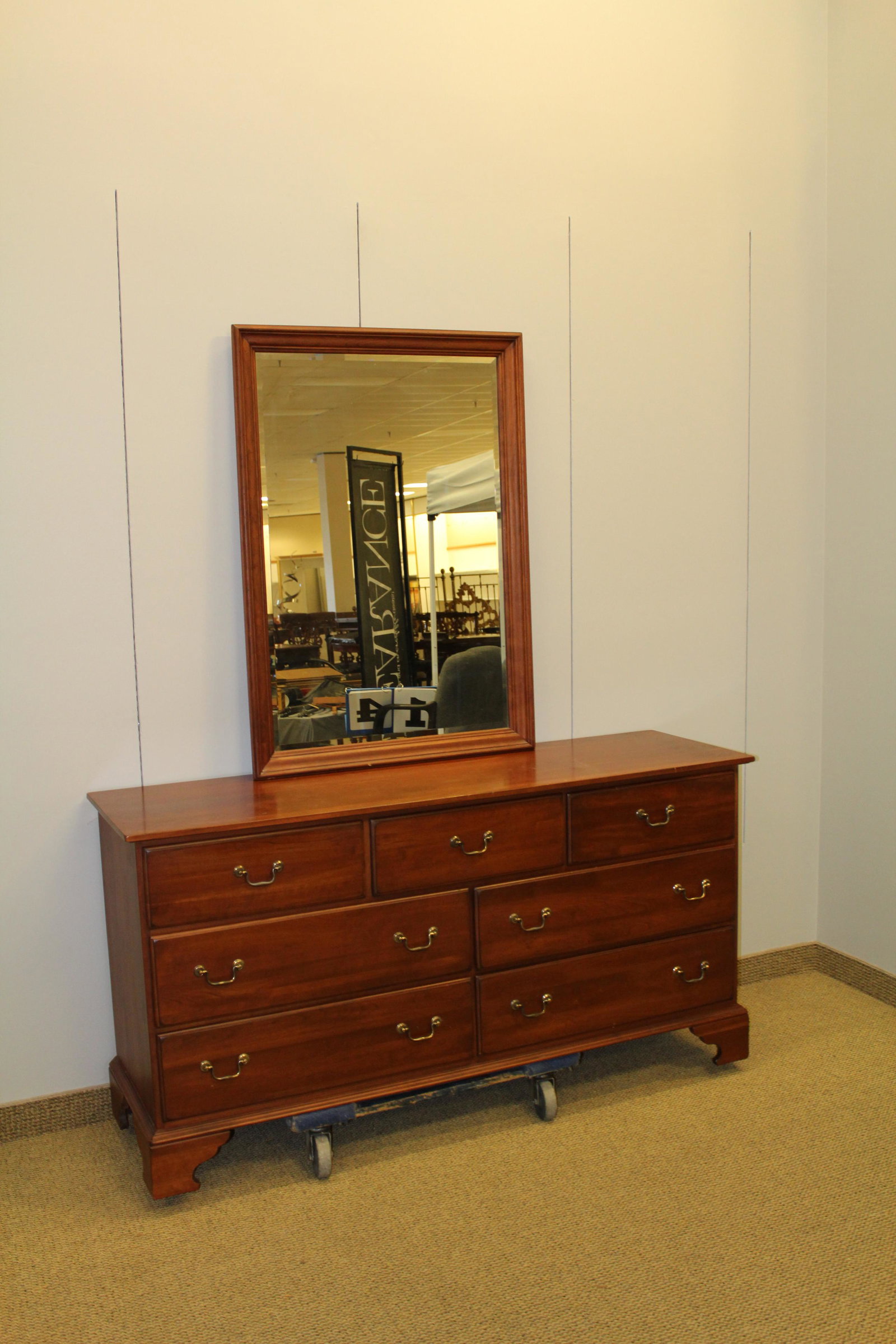 Knob Creek Queen Anne style long dresser with Mirror: CONDITION NOTES: MEASUREMENTS: Dresser 64" x 19" x 33", Mirror 31" x 45"