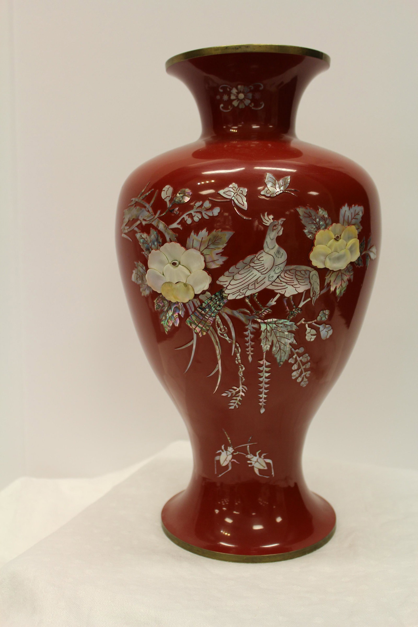 Korean Red Lacquered Mother of Pearl Inlayed Brass Vase: CONDITION NOTES: MEASUREMENTS: 15" x 8"
