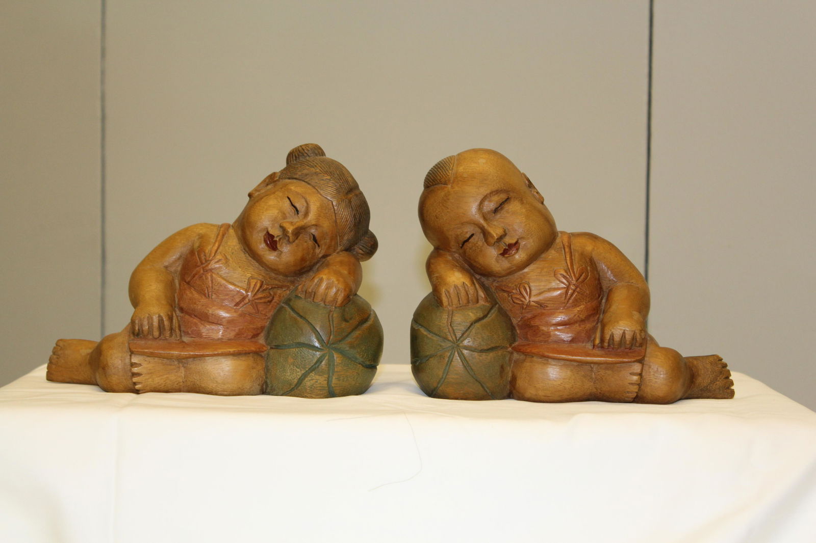Pair of Wooden  Asian Buddha Baby Bookends (1 of 4)