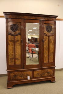 English Art Nouveau Carved Two Door Armoire: 84" x 61" x 19.5"Richardson