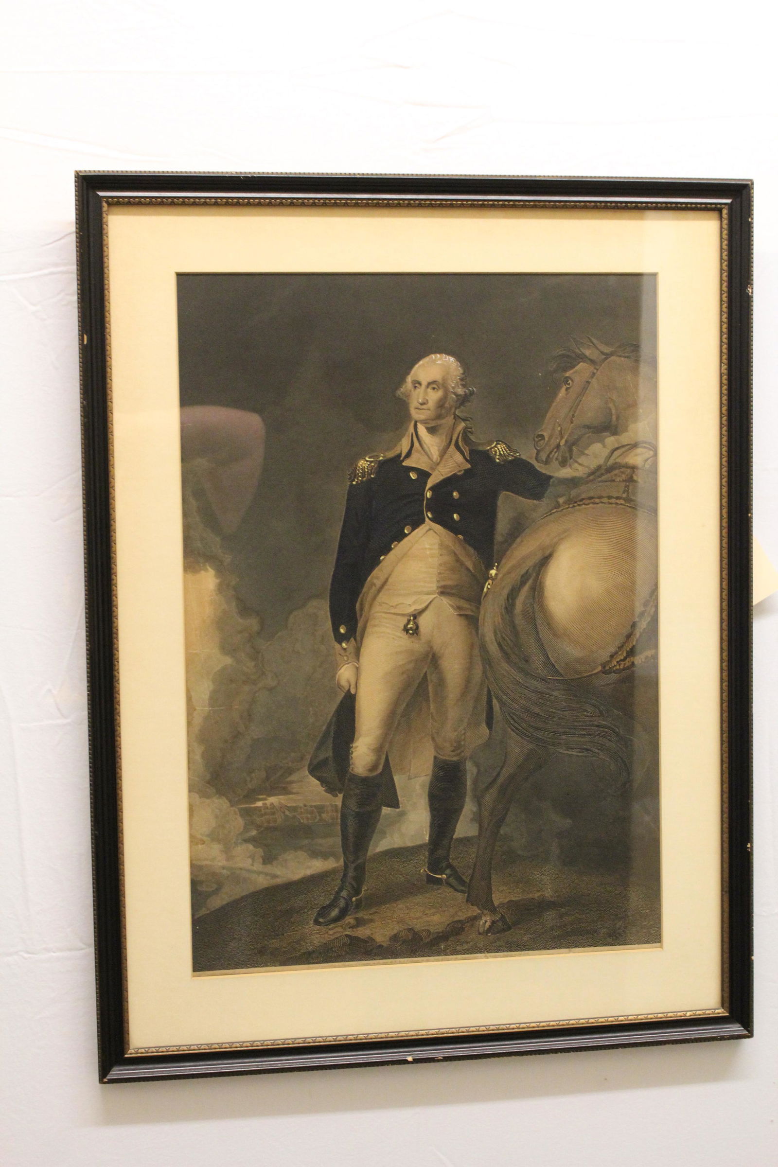 1836 Engraving of Washington by Gilbert Stuart: "Landsdown Portrait of Washington at Dorchester Heights" Engraved by T. Kelly 1836. 23 1/2 x 15 1/2 inches. Framed. Condition: Good, some spots and foxing. Not laying completely flat in frame, not exa