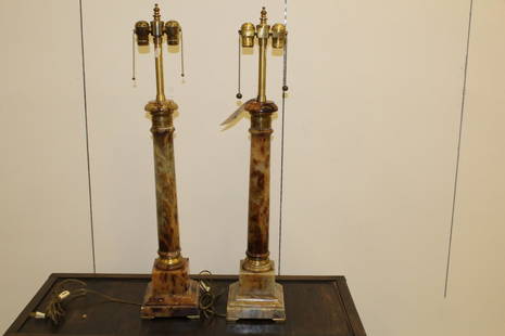 Pair French Empire Style Marble Column Form Lamps: 20thC