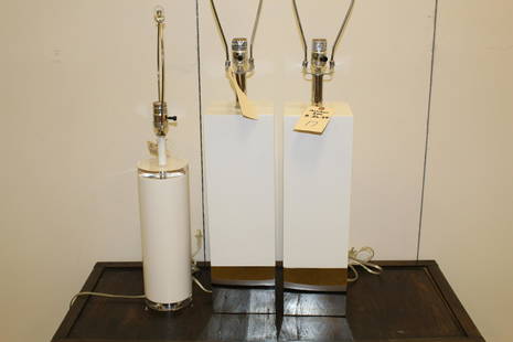 3 Contemporary White Lacquer Table Lamps: 2 are matching