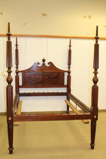 American Chippendale Carved Four Post Bed: Mahogany - holds a 53" box spring