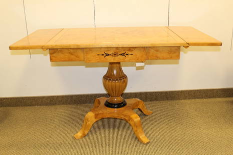 BIEDERMEIER Birchwood Ebonized Drop Leaf Sofa Table: No structural losses; largest measurement is with leaves fully extended. Minor loss to veneer on base.