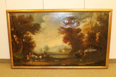 Large 19thC English Oil on Canvas Hunting Scene: Hunting scence in a pastoral landscape