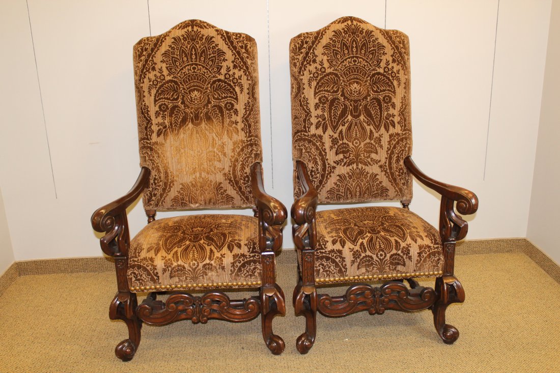 Pair Louis XIV Style Upholstered Throne Chairs (1 of 4)