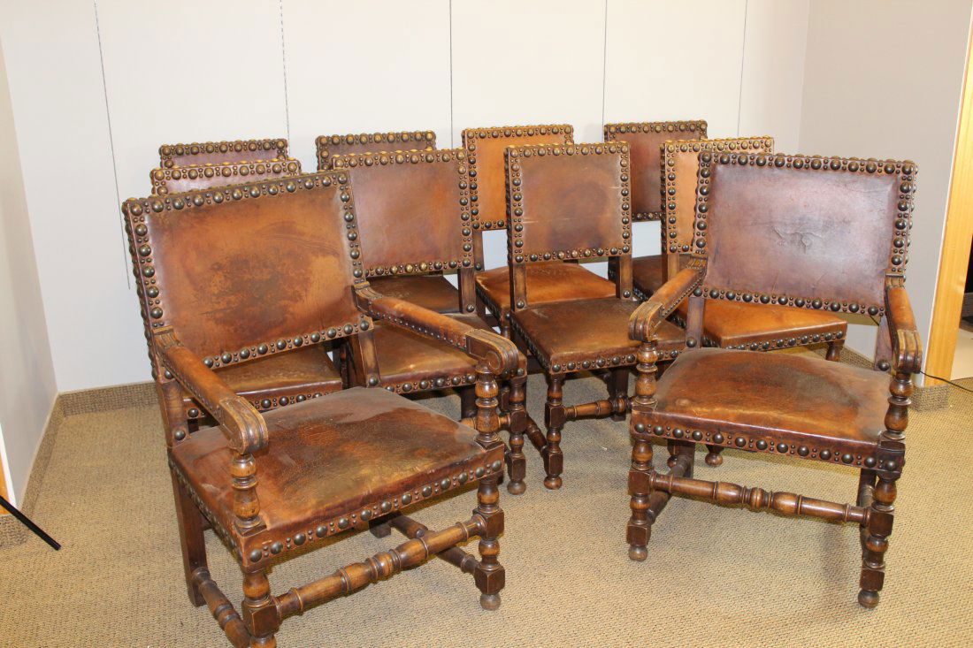 Set 10 Renaissance Style Oak Studded Leather Dining (1 of 4)