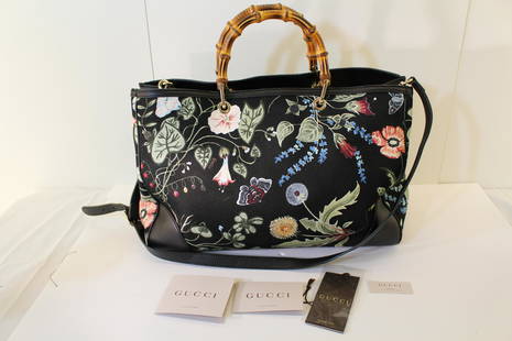 Authentic Gucci Bamboo Flora Tote Shopper Bag: Gucci (Italy, 2014), Bamboo flora print tote shopper bag in collaboration with the Canadian artist Kris Knight, with multicolor floral print over black ground, having polished brass hardware