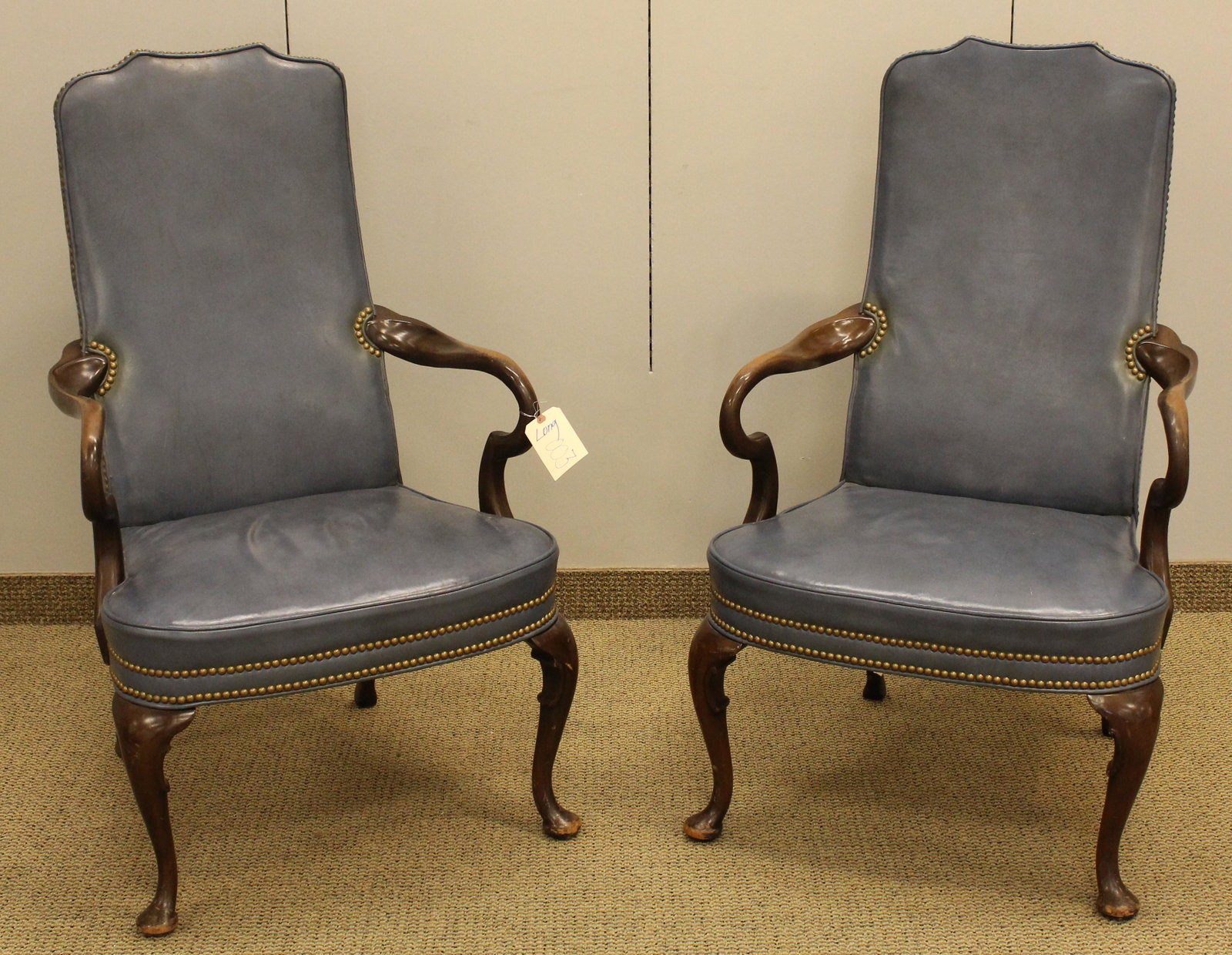 Pair Queen Anne Style Leather Arm Chairs by Hickory: Hickory Chair Company