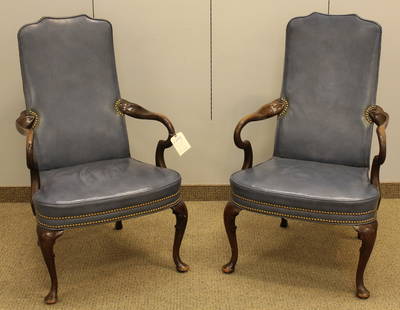 Pair Queen Anne Style Leather Arm Chairs by Hickory: Hickory Chair Company