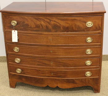 Federal Style Mahogany Bowfront 5 Drawer Chest/Desk: Top drawer opens to reveal desk compartments