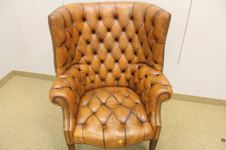 English Tufted Leather Library Chair: Made in England