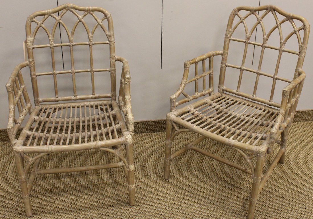 Pair McGuire Chippendale Style Rattan Arm Chairs: McGuire