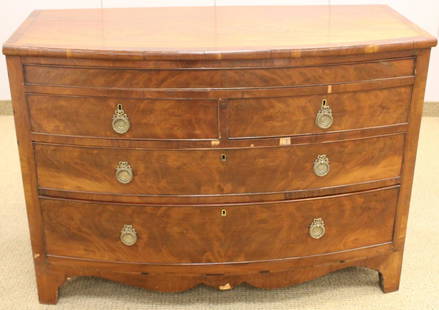 English Sheraton Bowfront 4 Drawer Chest: Dust boards and dove tailed drawers