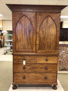 English Regency 3 Part Linen Chest: No key, interior fitted with five sliding shelves of later construction