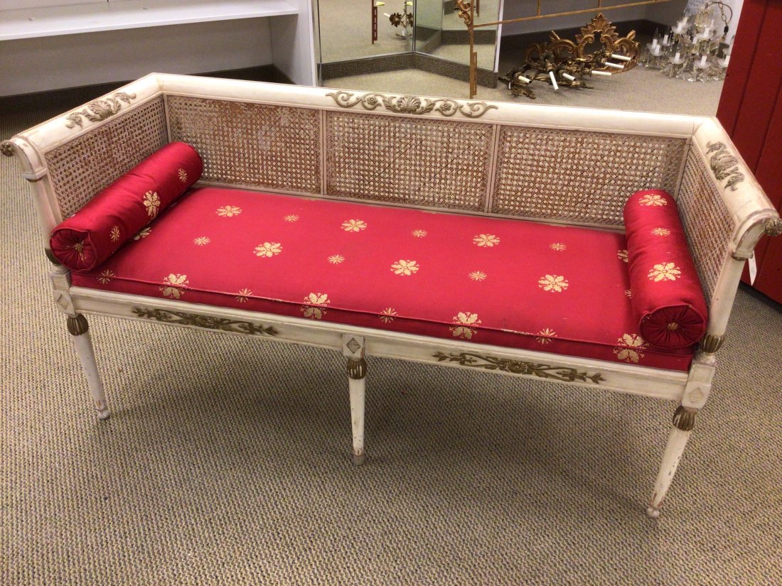 French Empire Style White Parcel Gilt Bench: Caned back and seat with custom upholstered cushions