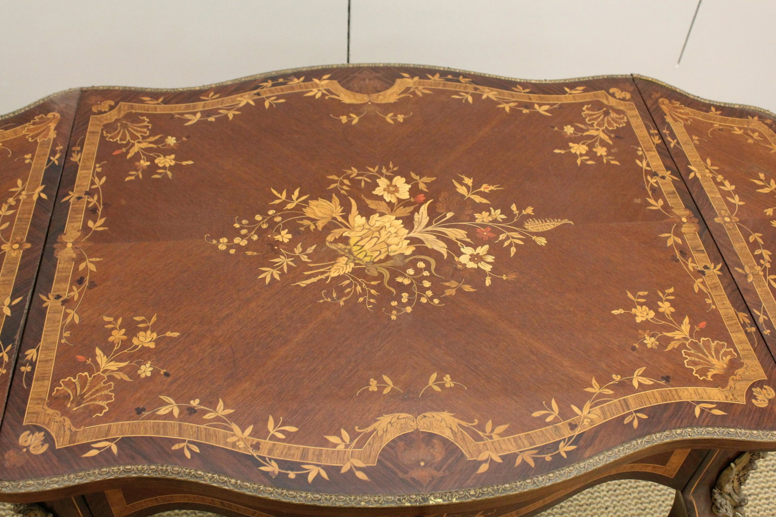 French Marquetry Inlay Bronze Mounted Drop Leaf Table: Louis Phillipe Single drawer table; width open 44"