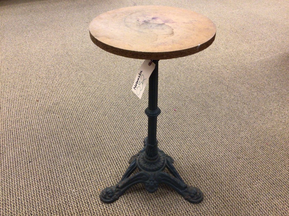 French Cast Iron Bistro Table Base: Painted columnar form; tripod dolphin footed base