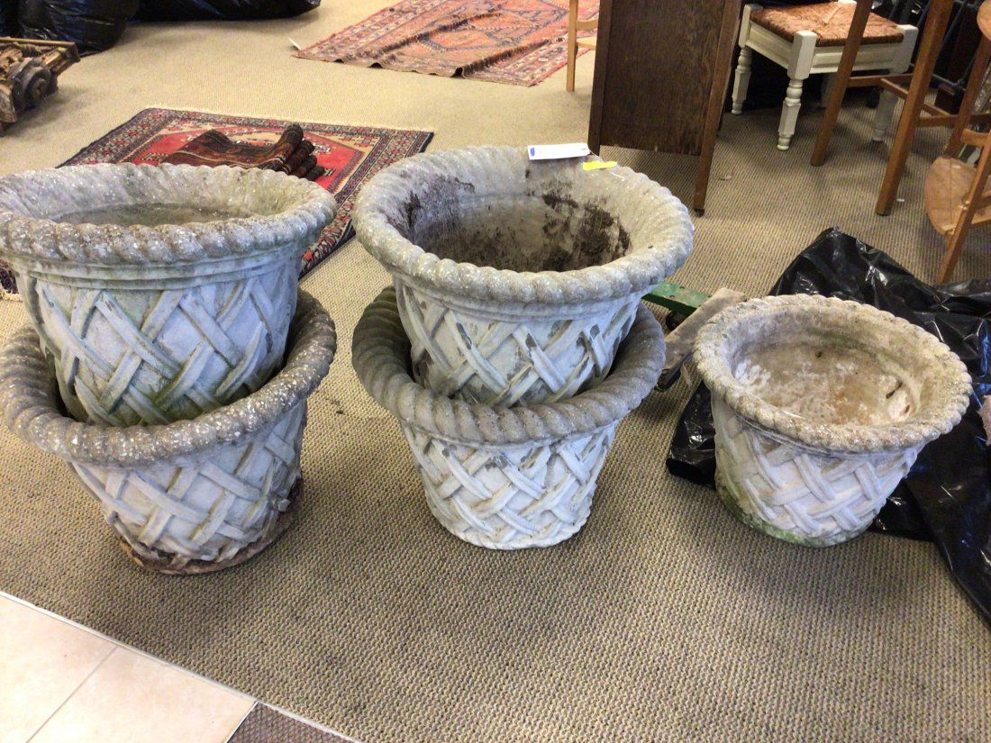 Set 5 Poured Concrete Garden Planters: Basket Weave