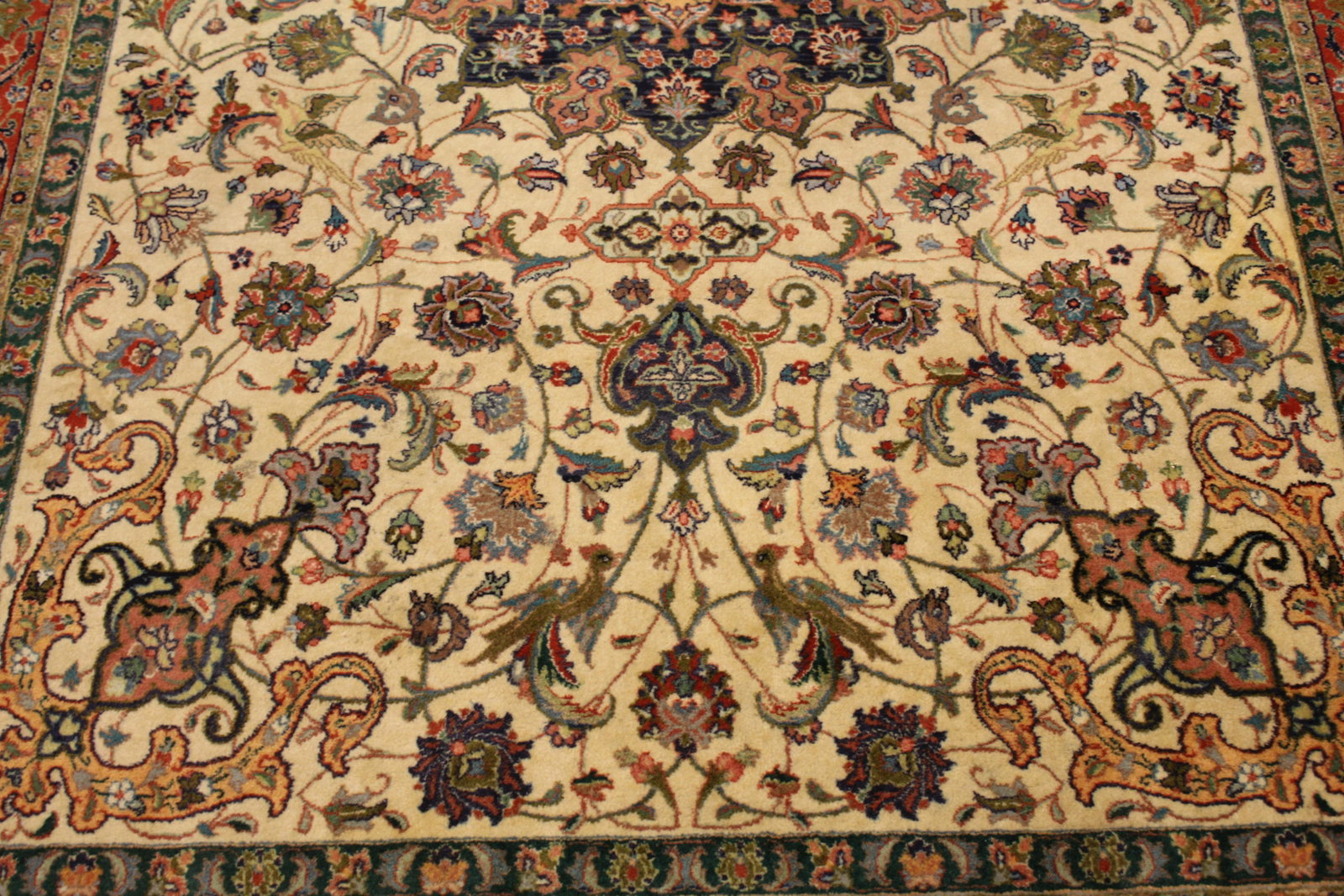 Persian Kerman red ground rug carpet, central floral: From the estate of Ray Winfield Smith, Egyptologist.