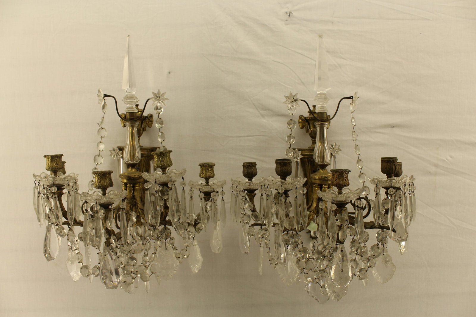Pair Louis XVI Style Gilt Bronze 5 Light Wall Sconces: 19thC