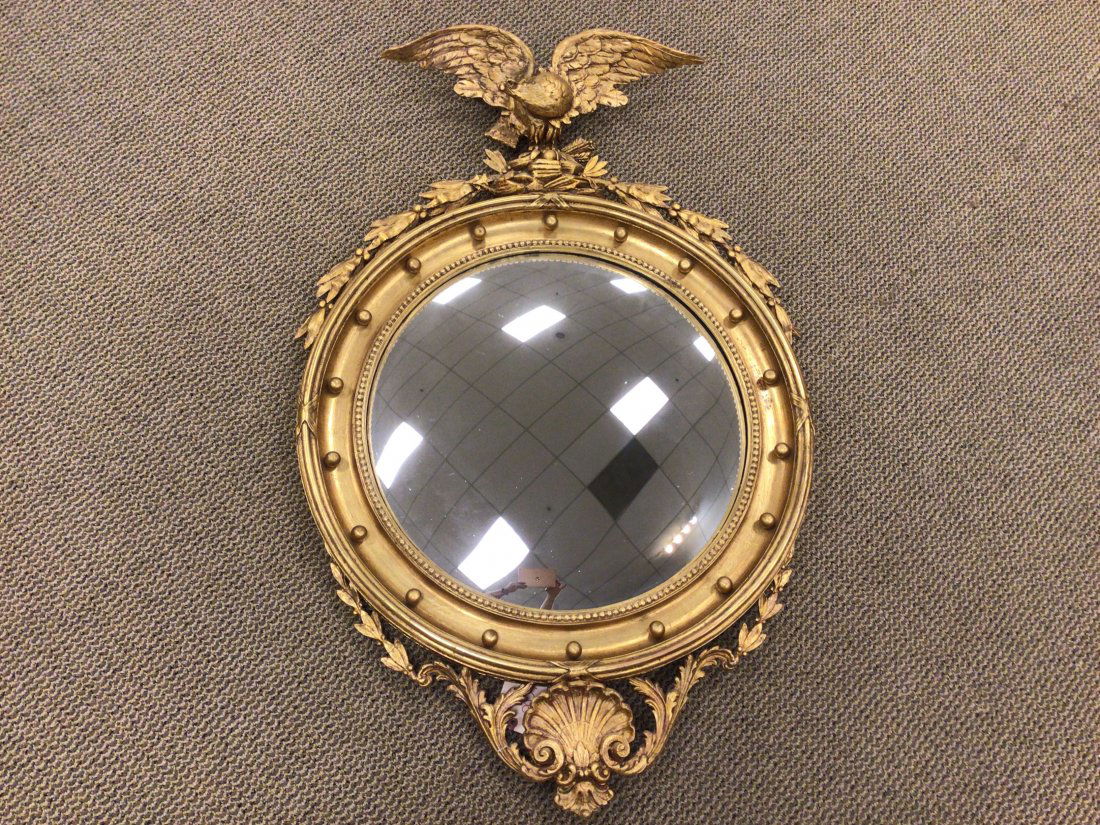Federal Style Convex Mirror Gilt Eagle: Bearing label of Decorative Arts Inc., NY