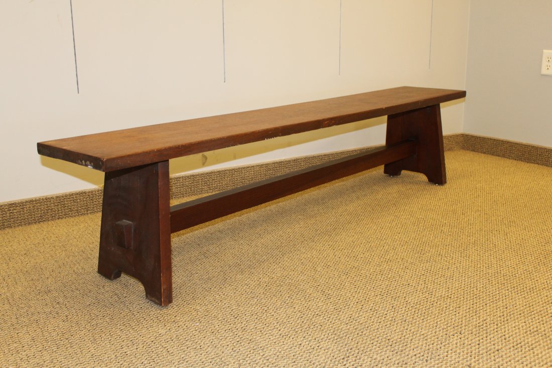 Arts and Crafts Oak Bench Trestle Form: From the estate of Ray Winfield Smith, Egyptologist. Of typical Form