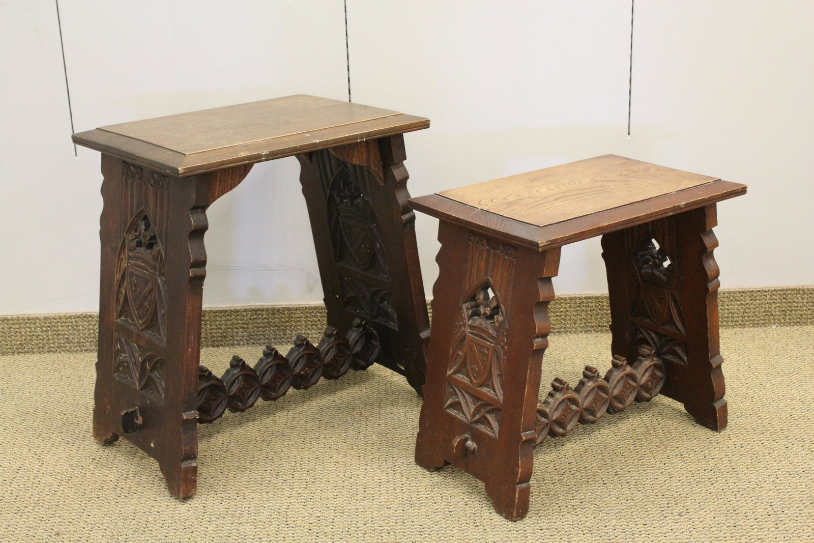 Two Similar Medieval Period European Oak Stools: From the estate of Ray Winfield Smith, Egyptologist. Larger piece is 24" high