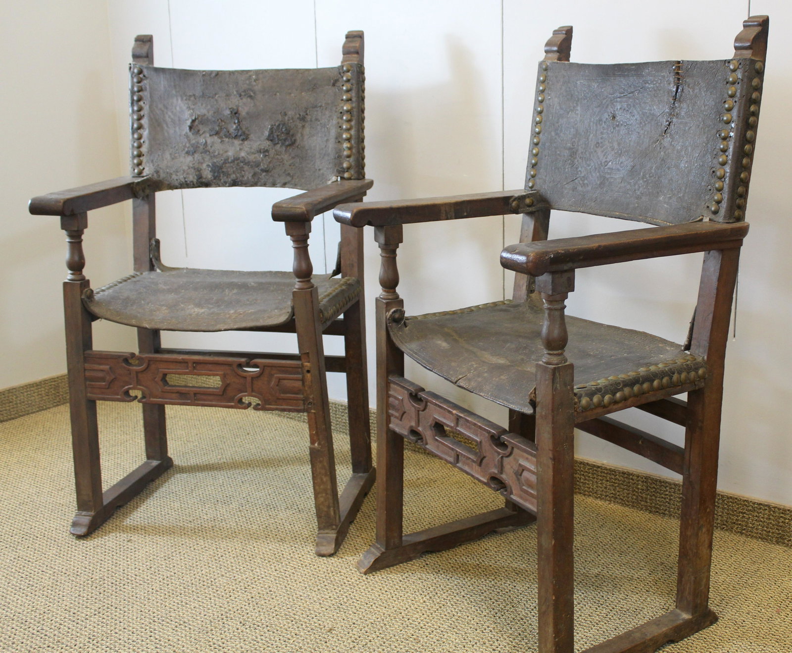 Medieval Period European Oak Leather Court Chairs: From the estate of Ray Winfield Smith, Egyptologist.