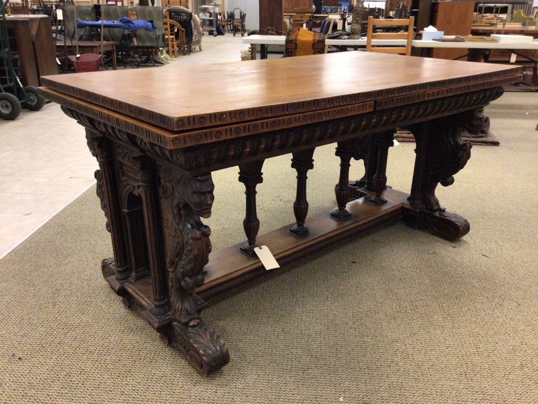Renaissance Style Carved Oak Extension Dining Table: From the estate of Ray Winfield Smith, Egyptologist. Late 19th/early 20thC. Extends to 120"