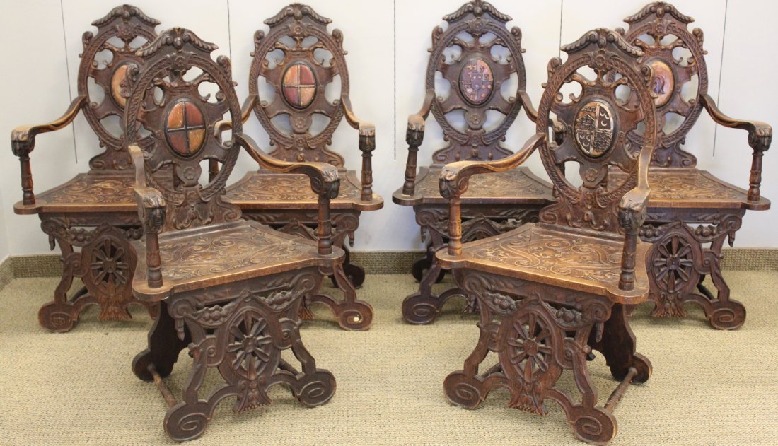 Set of 6 Renaissance Style Carved Oak Crest Back Arm: From the estate of Ray Winfield Smith, Egyptologist.