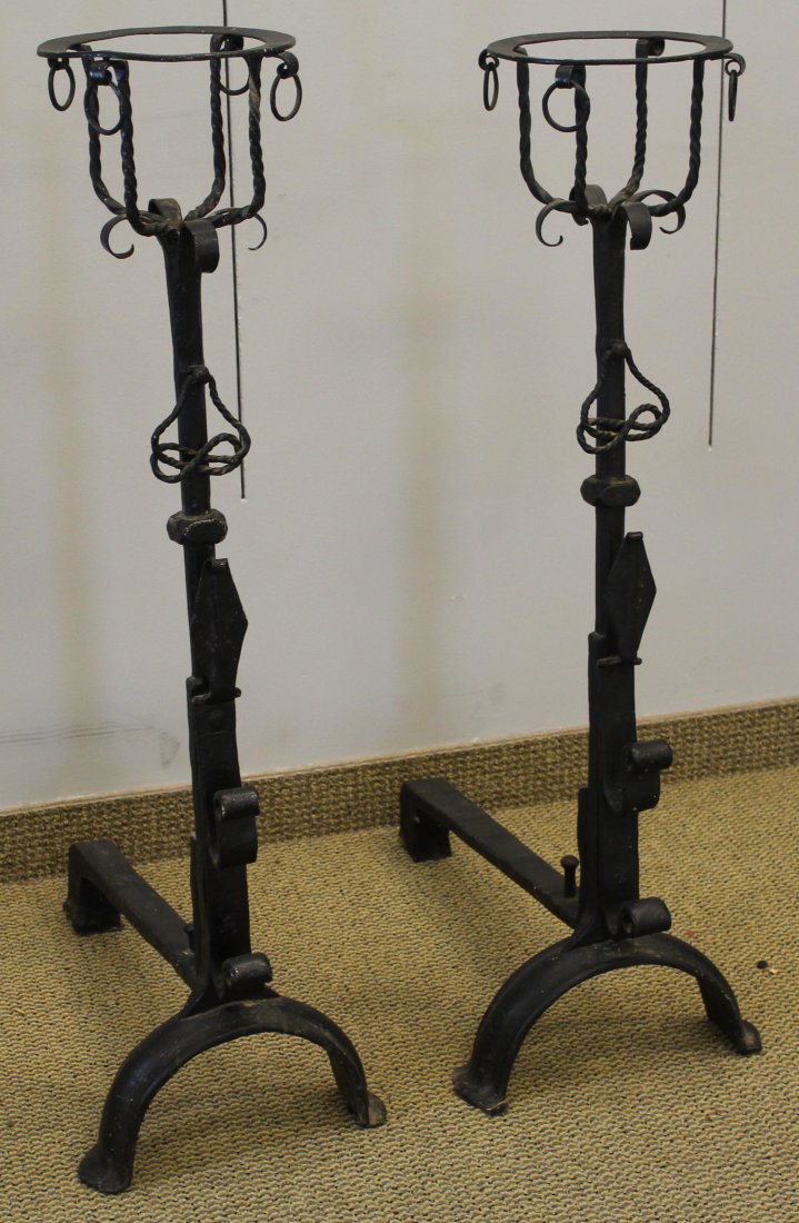Massive Pair Arts and Crafts Wrought Iron Andirons: From the estate of Ray Winfield Smith, Egyptologist.