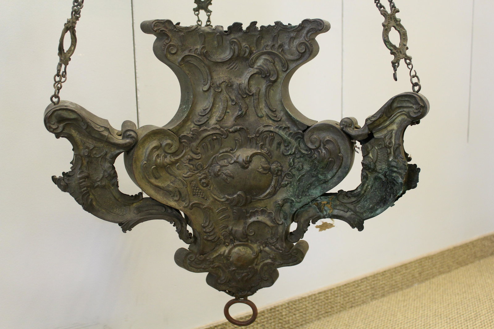 European Baroque Pressed Tin Sanctuary Lamp: From the estate of Ray Winfield Smith, Egyptologist. 17th or 18th C. Northern European 3 Chain