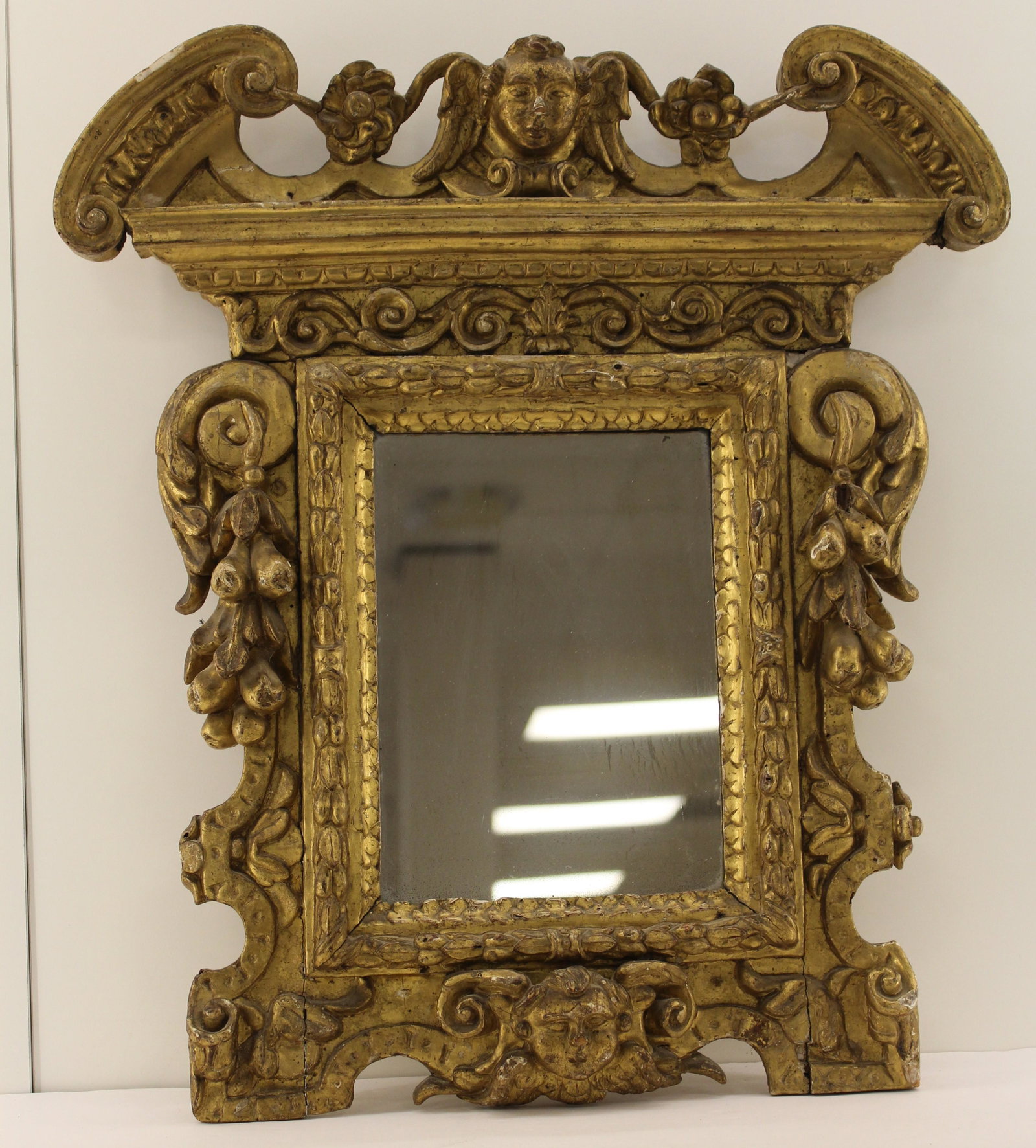 Italian Renaissance Gilt Carved Wood Frame: Likely 17thC or 18thC; Tabernacle form housing a later mirror