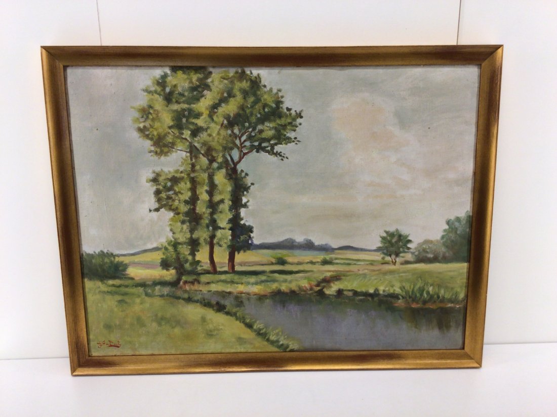 Early 20thC European Impressionist Oil Canvas signed: Landscape with trees and stream. Relined and wavy canvas. From the estate of Ray Winfield Smith, Egyptologist and European historian. Signed lower left.