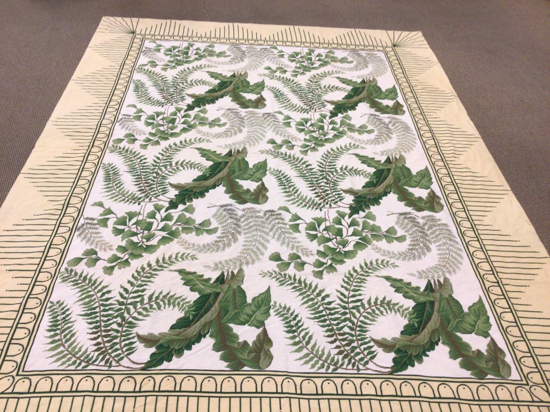 New Stark Carpet Wool Needlepoint Are Rug: Purchased from Stark Carpet after 2013. Never used. Ferns and palm leaves inside a wide yellow border. Wool.