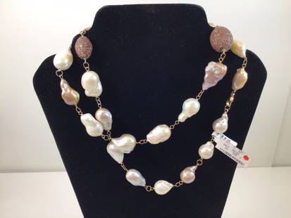 18K Gold Freshwater Pearl Necklace NWT: Retailed through Neiman Marcus for $6,400; includes 26 large freshwater pearls and two crystal set beads