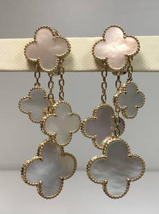 18K Gold Alhambra Style MOP Dangle Earrings: Stamped 18k, Clips and Posts; no makers mark
