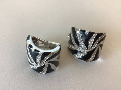 18K Black Enamel Zebra Diamond Earrings Italy: With Maurice Plaza Hotel Box. Can be post or clip.