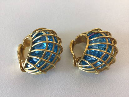 Verdura 18K Gold Caged Aquamarine Earrings: Clip earrings