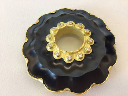 Hughes Bosca Montana Black Jade 18K Diamond Brooch: White Diamonds mounted on a Black Jade disc bound and set into a gold, scalloped back plate. Can be worn as a pendant.