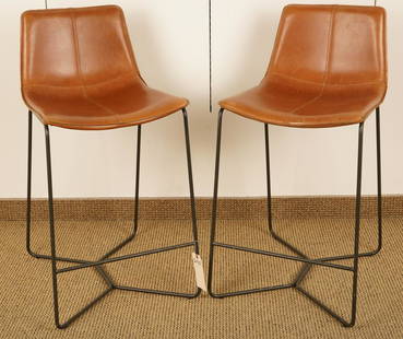 Pair West Elm Leather Upholstered Bar Stools: Saddle seat form