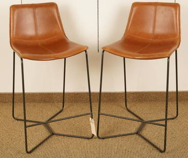 Pair West Elm Leather Upholstered Bar Stools: Saddle seat form