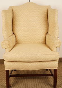 Chippendale Style Upholstered Wing Back Chair: Standard form with stop-fluted front legs