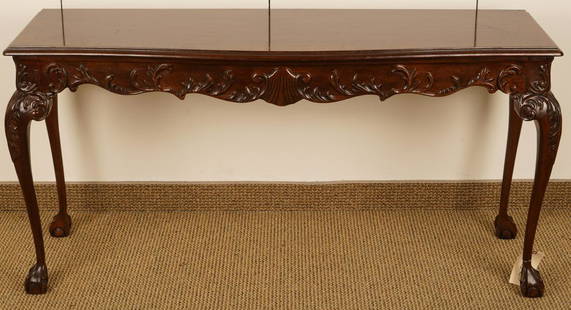 Chippendale Style Sofa Console Table: By Drexel, ball and claw feet; serpentine top above a carved frieze