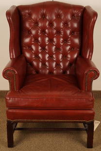 Leathercraft Chippendale Style Wing Back Chair: Deep red leather